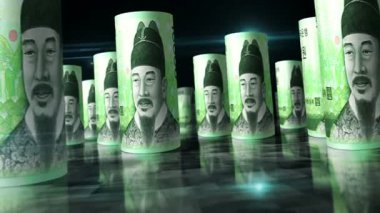 Güney Kore parası Kore Won 'u 3D döngüsü. Para masanın üstünde. Kusursuz ve soyut ekonomi, finans ve iş kavramı. 100 AWG arasında çekilen banknotlar.
