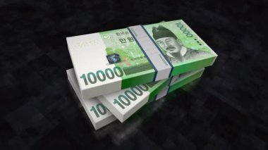 Güney Kore para yığını. Ekonomi, bankacılık, iş, kriz, durgunluk, borç ve finans konularının kavramı. 100 AWG banknotları 3D animasyon yığınları.