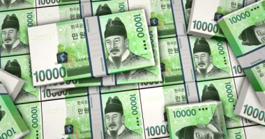 Güney Kore parası Kore Won 'u 3D animasyon yapıyor. 100 AWG enflasyon, ekonomi, kriz, iş, bankacılık, borç ve finans paketi.