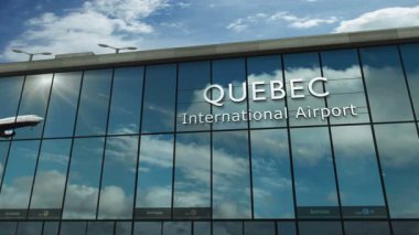 Uçak Quebec, Kanada 'ya iniyor. Cam havaalanı terminali ve jet uçağının yansımasıyla şehre vardık. Seyahat, iş, turizm ve ulaşım 3D konsepti.