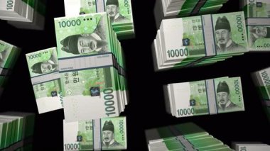 Güney Kore parası. Kore won 'u. 3D uçuş, 100 'den fazla AWG banknotları kuleleri istifliyor. Döngüsüz, soyut iş dünyası, ekonomi krizi ve finans kavramı.