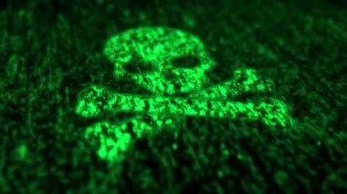 Kafatası siber korsanları ve siber saldırı sembolü matris stilini hacklemek. Yeşil dijital yağmur arkaplan canlandırması üzerindeki soyut simge.