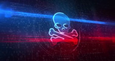 Kurukafa siber korsanlar ve soyut dijital arkaplandaki siber saldırı sembollerini hacklemek. 3D parlayan simge siber teknoloji konsepti animasyon.