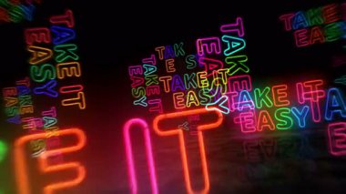 Sakin ol pozitif motivasyon sloganı neon sembolü. Renkli ampuller. Mutlu ruh hali, soyut, kusursuz ve döngüsel konsepti kafana takma. 3D tünel animasyonunda uçuyor..