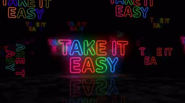 Sakin ol pozitif motivasyon sloganı neon parlayan sembol. Renkli ampuller. Mutlu ruh hali konsepti için endişelenme. 3 boyutlu animasyon..