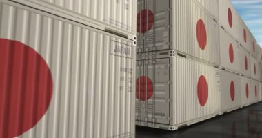 Japonya, kusursuz ve döngüye girebilen iş konteynerleri ihraç edip ithal ediyor. Japon bayrağı endüstriyel nakliye kutusu 3D döngü.