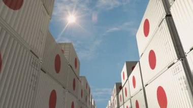 Japonya, kusursuz ve döngüye girebilen iş konteynerleri ihraç edip ithal ediyor. Japon bayrağı endüstriyel nakliye kutusu 3D döngü.