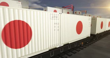 Japonya bir yük vagonu döngüsünde üretim ve ithalat konteynırları ihraç eder. Demiryolu tren taşımacılığı ve Japon bayrağı taşıyan nakliyat işi. 3B döngü ve kusursuz canlandırma.
