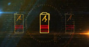 Batarya şarjı ve enerji depolama sembolü soyut dijital kavram. Siber teknoloji ve bilgisayar arkaplan çizgisi kusursuz ve döngülü animasyon.