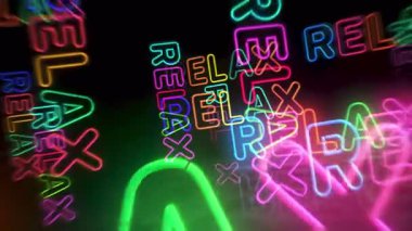 Rahatla neon sembolü. Renkli ampuller. Soyut, pürüzsüz ve geri dönüşümlü kavram. 3D tünel animasyonunda uçuyor..