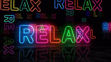 Rahatla neon parıltısı sembolü. Renkli ampuller. Soyut kavram 3d animasyonunu dinlendir.