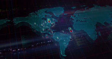 Dünya haritasında pil şarjı ve enerji depolama sembolleri var. Kusursuz döngülü teknoloji kavramı.