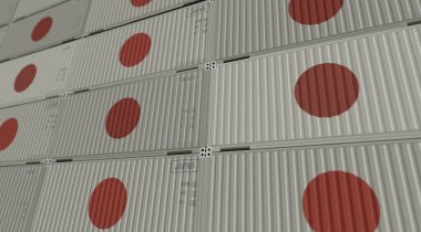 Japonya kargo konteynırlarını sıra konsept olarak ihraç eder ve ithal eder. Japon bayrağı endüstriyel nakliye kutusu 3D illüstrasyon.
