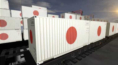 Japonya bir yük vagonunda üretim ve ithalat konteynırları ihraç eder. Demiryolu tren taşımacılığı ve Japon bayrağı taşıyan nakliye konsepti..