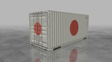 Japonya kargo konteynırlarını sıra konsept olarak ihraç eder ve ithal eder. Japon bayrağı endüstriyel nakliye kutusu 3D illüstrasyon.