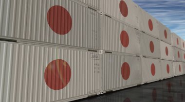 Japonya kargo konteynırlarını sıra konsept olarak ihraç eder ve ithal eder. Japon bayrağı endüstriyel nakliye kutusu 3D illüstrasyon.