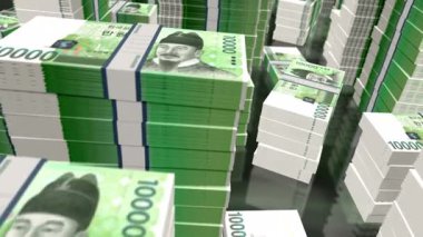 Güney Kore parası. Kore won 'u. 3D uçuş, 100 'den fazla AWG banknotları kuleleri istifliyor. Döngüsüz, soyut iş dünyası, ekonomi krizi ve finans kavramı.