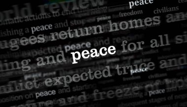 Barış savaşı durdurdu ve savaş uluslararası medyada manşet oldu. Gürültü gösterilerinde haber başlıklarının soyut konsepti. TV arızası etkisi 3d illüstrasyon.