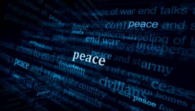 Barış savaşı durdurdu ve savaş uluslararası medyada manşet oldu. Gürültü gösterilerinde haber başlıklarının soyut konsepti. TV arızası etkisi 3d illüstrasyon.