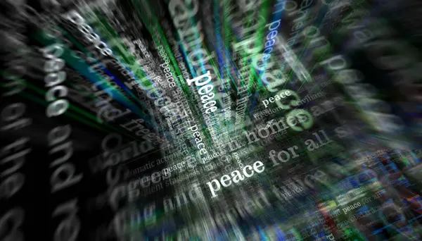 Barış savaşı durdurdu ve savaş uluslararası medyada manşet oldu. Gürültü gösterilerinde haber başlıklarının soyut konsepti. TV arızası etkisi 3d illüstrasyon.