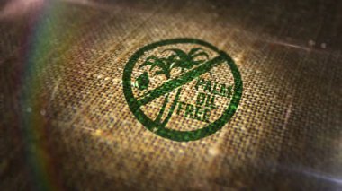 Doğal keten çuvalında palmiye yağı ve organik gıda damgası var. Sağlıklı beslenme 3 boyutlu tasarım soyut kavram. Döngüsüz ve kusursuz animasyon.