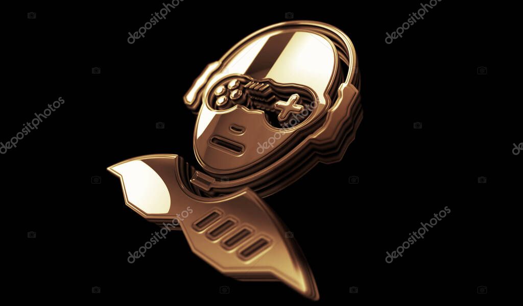 Gamer esport video game player head golden metal shine symbol concept. Spectacular glowing and reflection light icon abstract object 3d illustration.