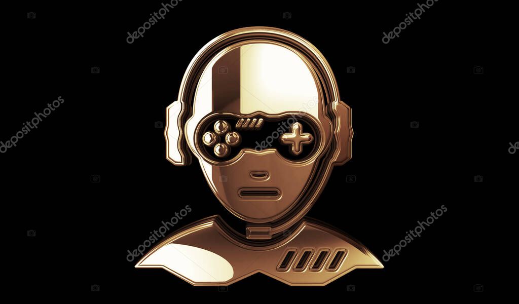 Gamer esport video game player head golden metal shine symbol concept. Spectacular glowing and reflection light icon abstract object 3d illustration.
