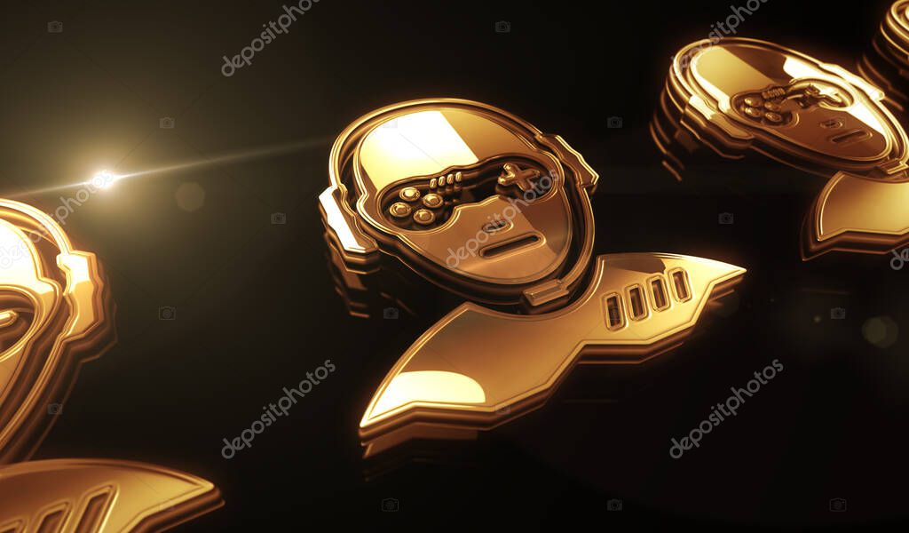 Gamer esport video game player head golden metal shine symbol concept. Spectacular glowing and reflection light icon abstract object 3d illustration.