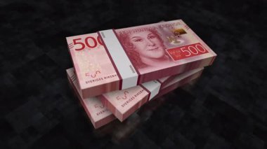 İsveç parası, İsveç kronu yığını. Ekonomi, bankacılık, iş, kriz, durgunluk, borç ve finans konularının kavramı. 500 SEK banknotları 3D animasyon yığınları.