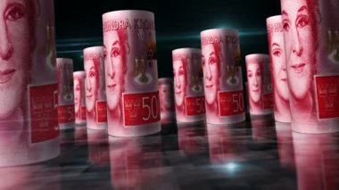 İsveç parası İsveç kronu 3D döngüsü. Para masanın üstünde. Kusursuz ve soyut ekonomi, finans ve iş kavramı. 500 kron arasında bir kamera var..