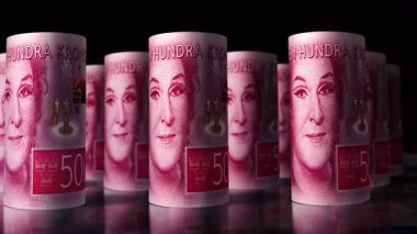 İsveç parası İsveç kronu 3D döngüsü. 500 SEK 'in önünde hareket eden bir kamera var. Kusursuz döngüsüz ekonomi, finans, iş ve borç kavramı.
