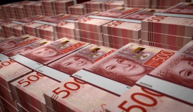 İsveç parası İsveç krona para paketi 3D illüstrasyon. 500 SEK banknot destesi. Maliye, nakit, ekonomi krizi, iş başarısı, durgunluk, banka, vergi ve borç kavramı.