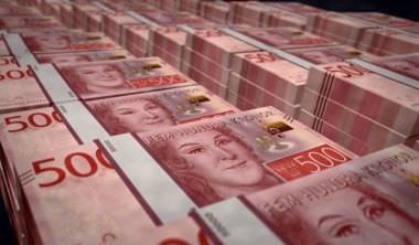 İsveç parası İsveç krona parası 3D illüstrasyon basımı. 500 SEK 'lik banknot baskısı. Maliye, nakit, ekonomi krizi, iş başarısı, durgunluk, banka, vergi ve borç kavramı.