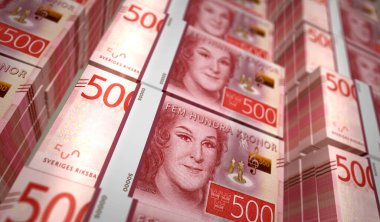 İsveç parası İsveç krona para paketi 3D illüstrasyon. 500 SEK banknot destesi. Maliye, nakit, ekonomi krizi, iş başarısı, durgunluk, banka, vergi ve borç kavramı.