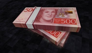 İsveç parası İsveç krona para paketi 3D illüstrasyon. 500 SEK banknot destesi. Maliye, nakit, ekonomi krizi, iş başarısı, durgunluk, banka, vergi ve borç kavramı.