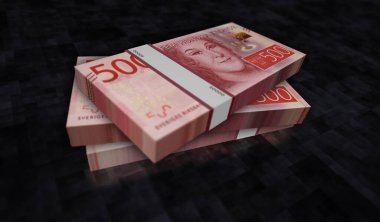 İsveç parası İsveç krona para paketi 3D illüstrasyon. 500 SEK banknot destesi. Maliye, nakit, ekonomi krizi, iş başarısı, durgunluk, banka, vergi ve borç kavramı.