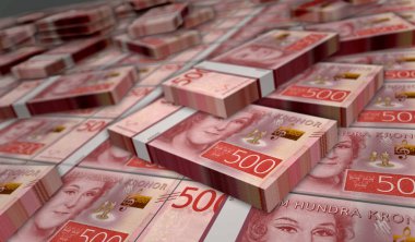 İsveç parası İsveç krona parası 3D illüstrasyon basımı. 500 SEK 'lik banknot baskısı. Maliye, nakit, ekonomi krizi, iş başarısı, durgunluk, banka, vergi ve borç kavramı.