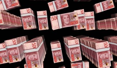 İsveç parası İsveç krona para paketi 3D illüstrasyon. 500 SEK banknot destesi. Maliye, nakit, ekonomi krizi, iş başarısı, durgunluk, banka, vergi ve borç kavramı.