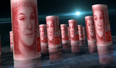 İsveç parası İsveç krona parası 3D illüstrasyon yaptı. 500 Kron 'luk banknot ruloları. Maliye, nakit, ekonomi krizi, iş başarısı, durgunluk, banka, vergi ve borç kavramı.
