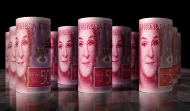 İsveç parası İsveç krona parası 3D illüstrasyon yaptı. 500 Kron 'luk banknot ruloları. Maliye, nakit, ekonomi krizi, iş başarısı, durgunluk, banka, vergi ve borç kavramı.