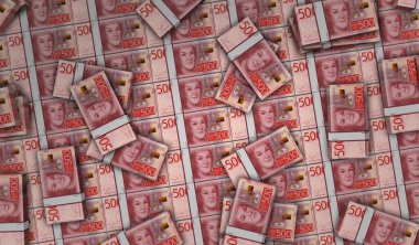 İsveç parası İsveç krona para paketi 3D illüstrasyon. 500 SEK banknot destesi. Maliye, nakit, ekonomi krizi, iş başarısı, durgunluk, banka, vergi ve borç kavramı.