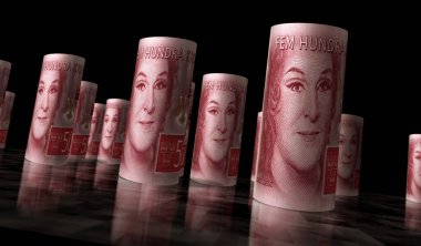 İsveç parası İsveç krona parası 3D illüstrasyon yaptı. 500 Kron 'luk banknot ruloları. Maliye, nakit, ekonomi krizi, iş başarısı, durgunluk, banka, vergi ve borç kavramı.