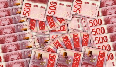 İsveç krona banknotları nakit fan mozaiği şeklinde. İsveç parası 500 Kron. Soyut banka, finans, ekonomi dekoratif tasarım konsepti 3d illüstrasyon.