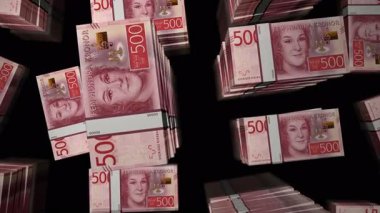 İsveç parası. İsveç kronu. Paket döngüsü. 3D uçuş 500 'den fazla SEK banknotları kuleleri istifliyor. Döngüsüz, soyut iş dünyası, ekonomi krizi ve finans kavramı.