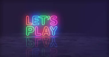 Hadi neon oyun sembolü oynayalım. Renkli ampuller. Hadi oyun oynayalım. Soyut, pürüzsüz ve döngüsel konsept. 3D tünel animasyonunda uçuyor..