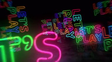 Hadi neon oyun sembolü oynayalım. Renkli ampuller. Hadi oyun oynayalım. Soyut, pürüzsüz ve döngüsel konsept. 3D tünel animasyonunda uçuyor..