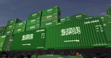 Suudi Arabistan bir yük vagonu döngüsünde üretim ve ithalat konteynırları ihraç ediyor. Demiryolu tren taşımacılığı ve Suudi Arabistan bayrağıyla nakliye işi. 3B döngü ve kusursuz canlandırma.