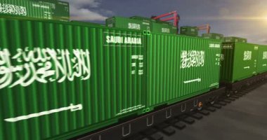 Suudi Arabistan bir yük vagonu döngüsünde üretim ve ithalat konteynırları ihraç ediyor. Demiryolu tren taşımacılığı ve Suudi Arabistan bayrağıyla nakliye işi. 3B döngü ve kusursuz canlandırma.