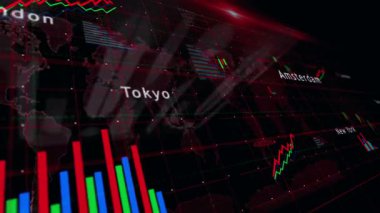 Dünya grafikleri ve grafiklerindeki borsa şirketleri ekranda pürüzsüz ve çevrilebilir 3D konsept çiziyor