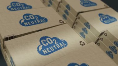 CO2 nötr kutu üretim hattı. % 100 organik biyo karton paket fabrikası. Soyut konsept 3D döngüsüz dikişsiz animasyon.